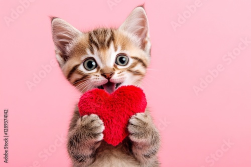 Savannah - my preferred cat. Marketing visual idea. Cute savannah kitty with fluffy red heart - emblem of love, funny greeting card. Valentine's day kitten gift idea. Adorable furry valentine.