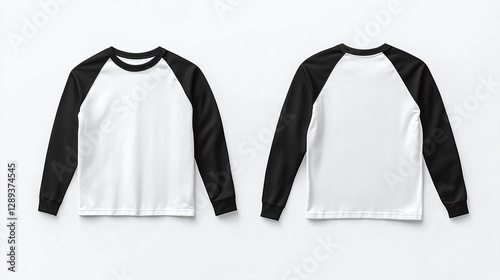 front and back views of a black and white long-sleeve raglan t-shirt template on a white background