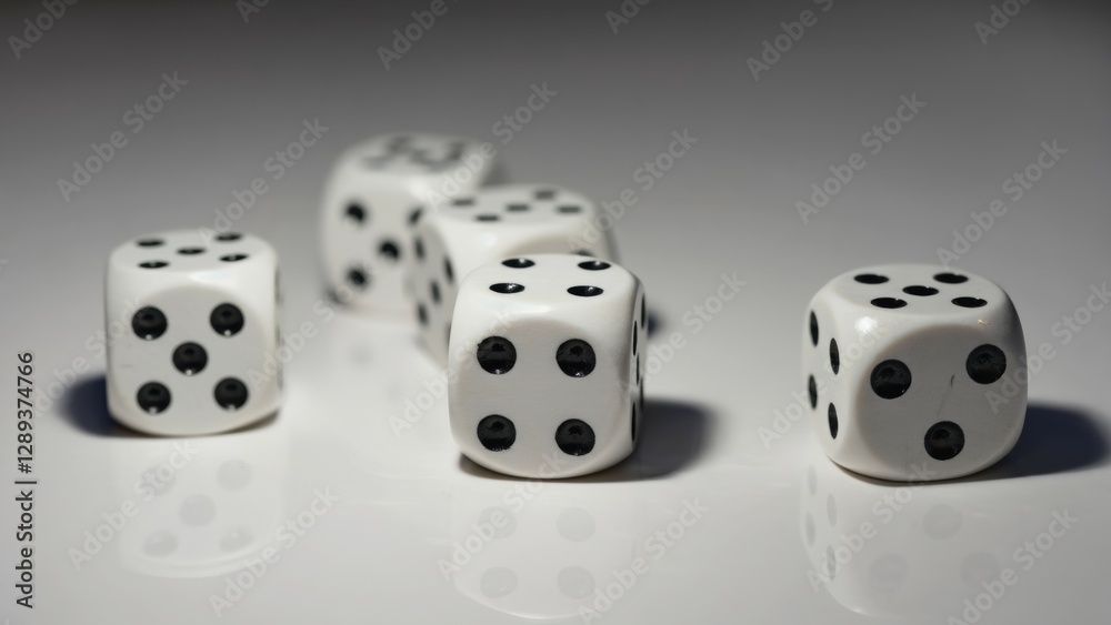 White dice arranged on a surface, symbolizing chance and gaming. White dice arranged on a surface, symbolizing chance and gaming.