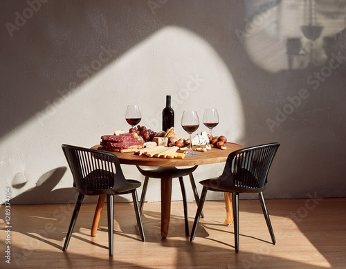 Mesa redonda de madera y tres sillas modernas y sobre la mesa tabla con salames quesos varios y frutos secos y dos copas de vino
