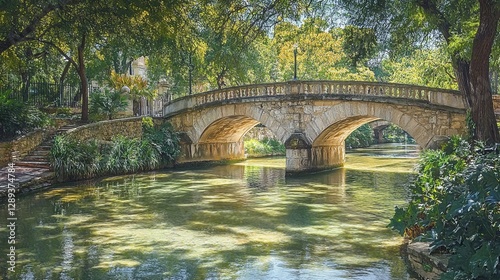 Stone arch bridge crossing the san antonio riverwalk in texas