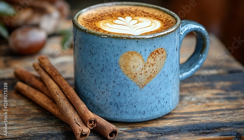 Latte in rustic mug, autumnal setting photo