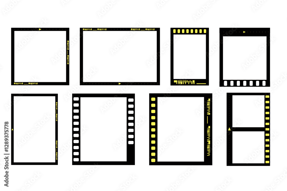 Set Of Black And Yellow Retro Film Frame Borders Designed For Photography, Video Editing, And Creative Design Projects