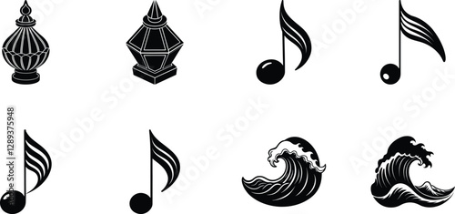 Elegant Black and White Design Elements Musical Notes, Waves, and Urns