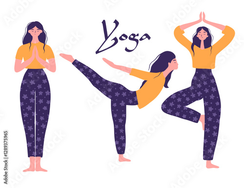 Vector Collection Of Women Practicing Yoga, Including Meditation, Tree Pose, And Balance Exercises For Fitness And Wellness