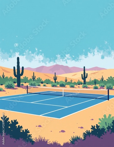 Wallpaper Mural Arid desert with tennis court, minimalist flat color illustration, copyspace, outdoor setting, strong sunlight, contrasting colors Torontodigital.ca