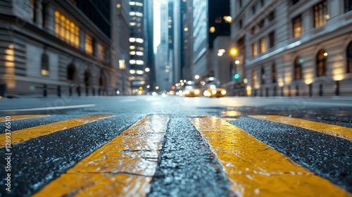 Urban Street Scene with Yellow Lines and City Lights