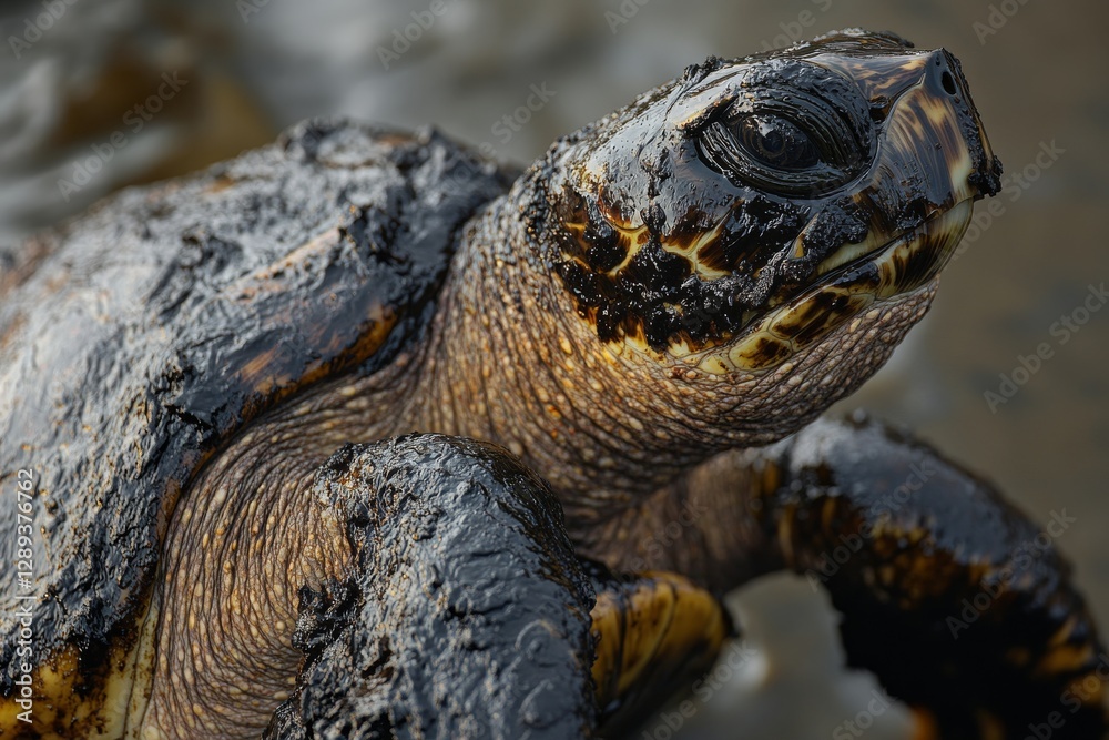 Obraz premium Sea turtle covered in sticky black crude oil highlighting the environmental impact and need for conservation. Close-up of sea turtle covered in oil.