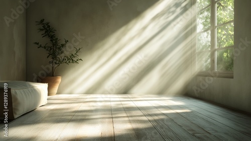 Beautiful light shines through the window and illuminates the room photo