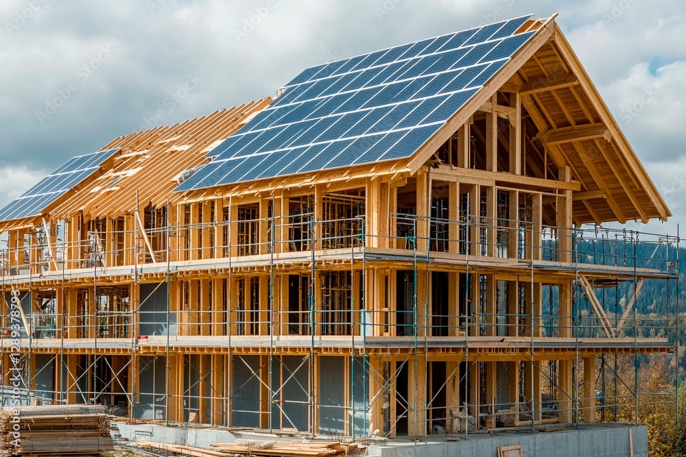 Obraz premium A house is in the process of being built, featuring prominent solar panels on the roof. Surrounding trees and clouds create a serene atmosphere in the daytime