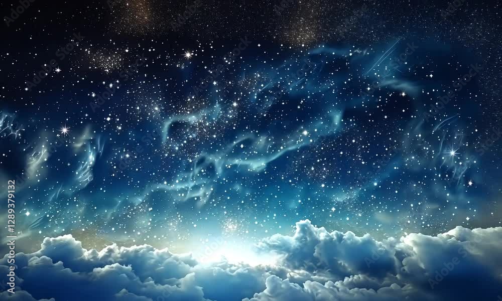 A vast cosmic night sky filled with bright stars and deep blue nebula. Concept of space exploration and mystery