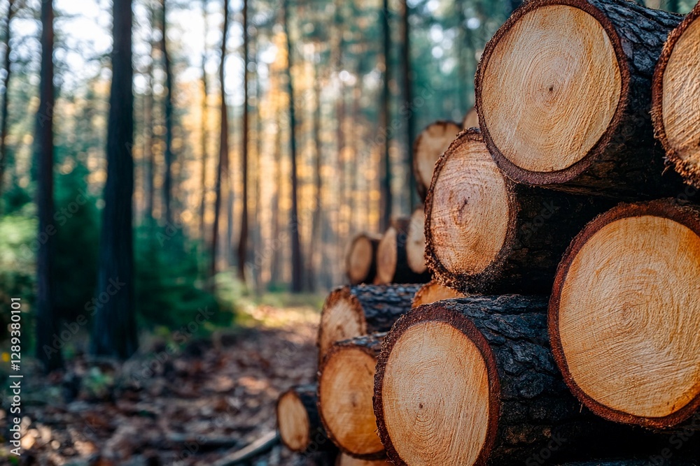 Stacks of freshly cut logs rest in a tranquil forest. Sunlight filters through tall trees, illuminating vibrant autumn leaves and creating a peaceful atmosphere Stacks of freshly cut logs rest in a tranquil forest. Sunlight filters through tall trees, illuminating vibrant autumn leaves and creating a peaceful atmosphere