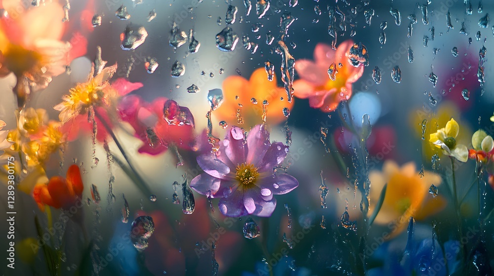 close up of raindrops on a window with blurred out flowers in the background close up of raindrops on a window with blurred out flowers in the background