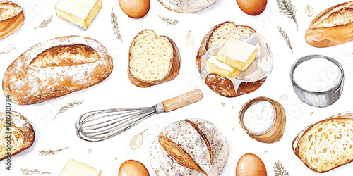 Bakery elements seamless pattern. Cake with various baking utensils for packaging, textiles, kitchen decor, branding, and healthy lifestyle