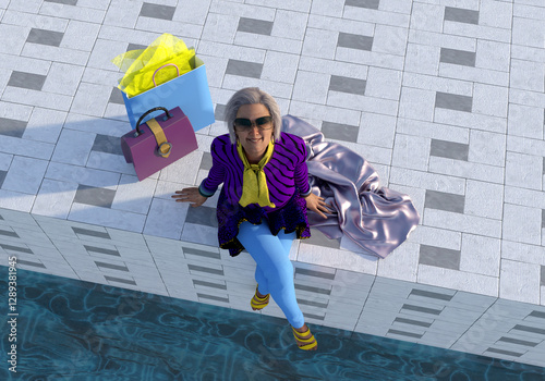 An elderly woman dressed in colorful skirt, scarf and dress, sitting on a stone tile pier in the sun, being very happy. 3D illustration. Concept of summer. 