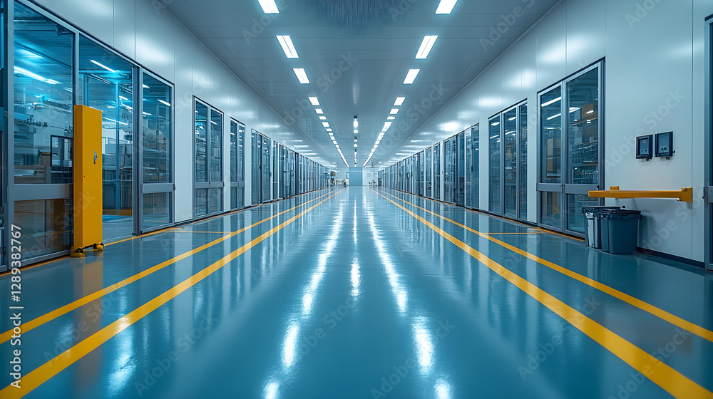 Fototapeta premium Modern industrial corridor with a clean, reflective floor, glass-walled rooms, and bright overhead lighting, showcasing advanced manufacturing or laboratory facilities