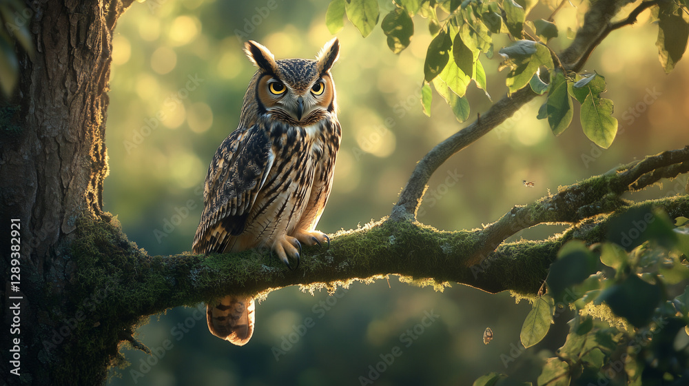 Obraz premium Majestic owl perched on a mossy tree branch in a sunlit forest during golden hour