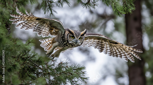 A powerful owl in mid-flight, soaring gracefully between pine trees in a dense forest