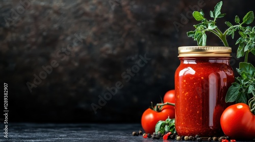 Tomato sauce in a stylish jar adorned with fresh herbs and spices, showcasing its allure against a dark background that adds depth and sophistication to the presentation. photo