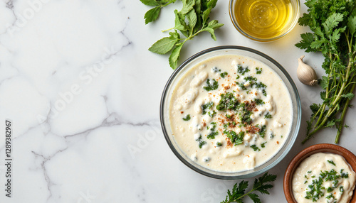 Tzatziki dip with mint leaves on marble countertop, Greek culinary delight