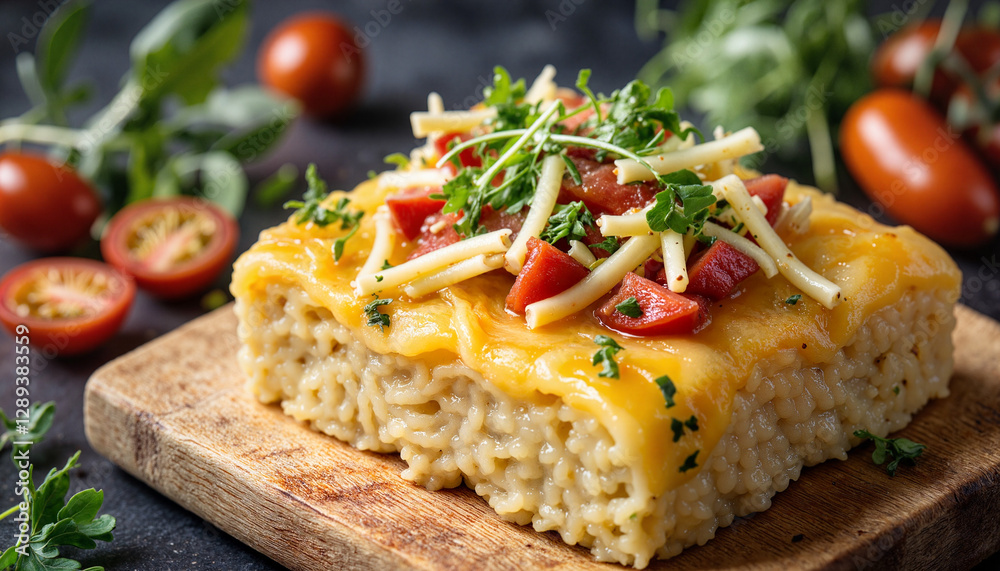 Delicious mămăligă topped with cheese and herbs on wooden board, culinary delight Delicious mămăligă topped with cheese and herbs on wooden board, culinary delight
