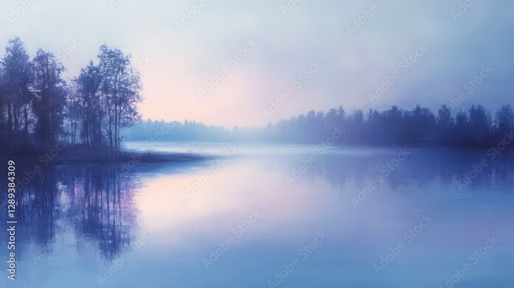 The still water reflects trees and misty atmosphere in the landscape The still water reflects trees and misty atmosphere in the landscape