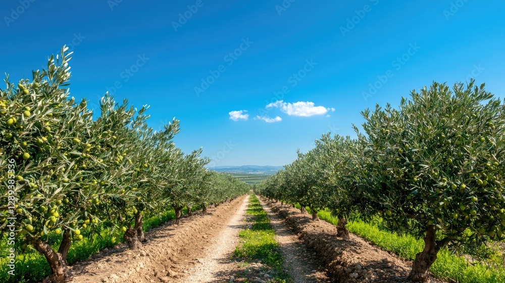 Olive grove path, sunny day, hills background, agriculture Olive grove path, sunny day, hills background, agriculture