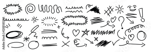 Set of scribble doodle line shape. Hand drawn brush stroke scribble. childish drawing style editable stroke