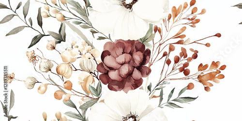 Elegant watercolor floral seamless pattern on white background. Romantic pastel flowers repeat background for wedding, invitation, fabric, textiles, packaging, wallpapers, invitations, and branding