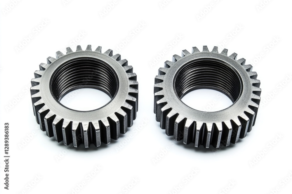 Two metallic gears with threaded interiors, isolated on white background.