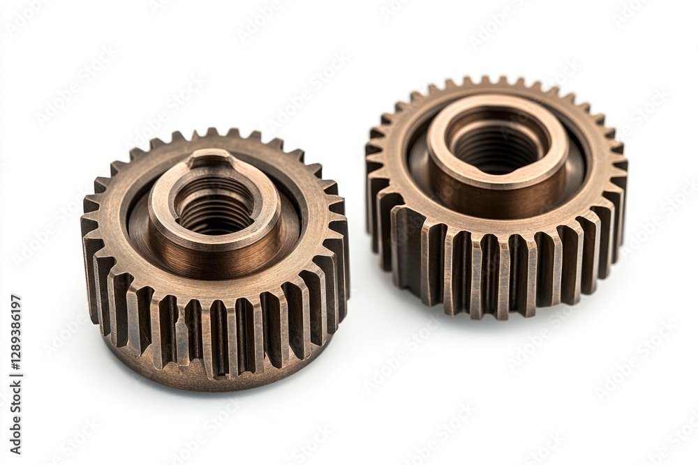 Two bronze gears with threaded centers, isolated on white background.  Precision-engineered mechanical components.