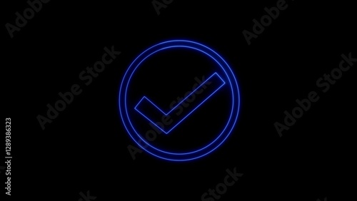 Glowing green chick mark. Neon green ok button illustration on black background.