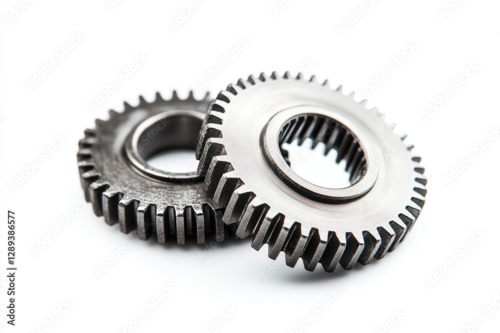 Two metallic gears interlocked, showcasing intricate details and mechanical precision. Two metallic gears interlocked, showcasing intricate details and mechanical precision.