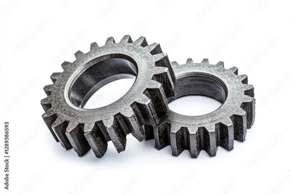 Two black plastic gears interlocked, representing teamwork and industrial machinery. Two black plastic gears interlocked, representing teamwork and industrial machinery.