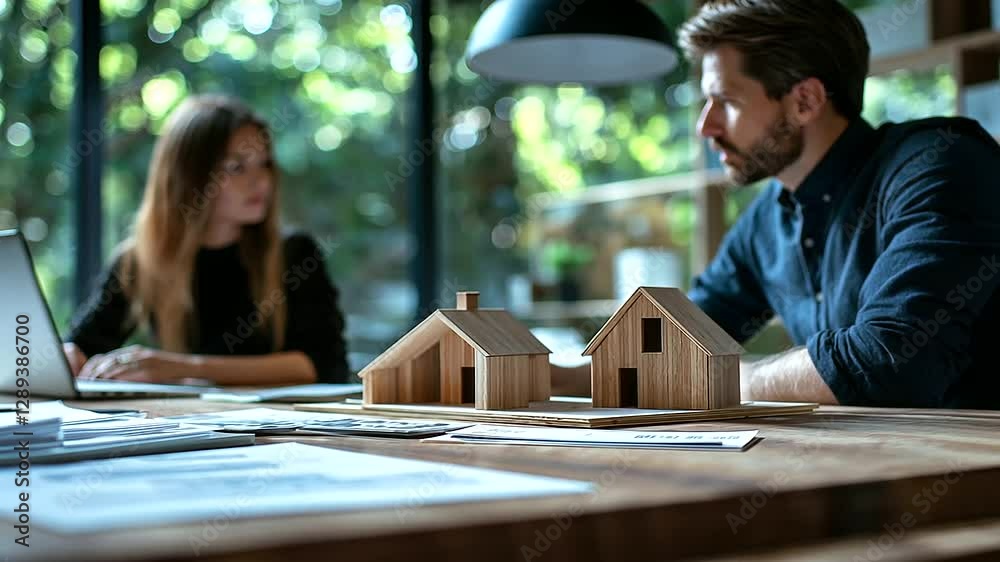 A home-buying consultation in a stylish workspace, where a couple listens to an agent explaining property details using a wooden house model and mortgage documents. A home-buying consultation in a stylish workspace, where a couple listens to an agent explaining property details using a wooden house model and mortgage documents.