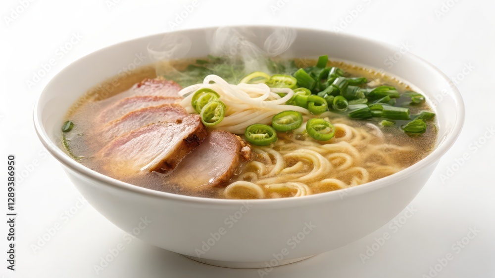 Steaming Bowl of Noodles with Meat and Green Onions on White Background Steaming Bowl of Noodles with Meat and Green Onions on White Background