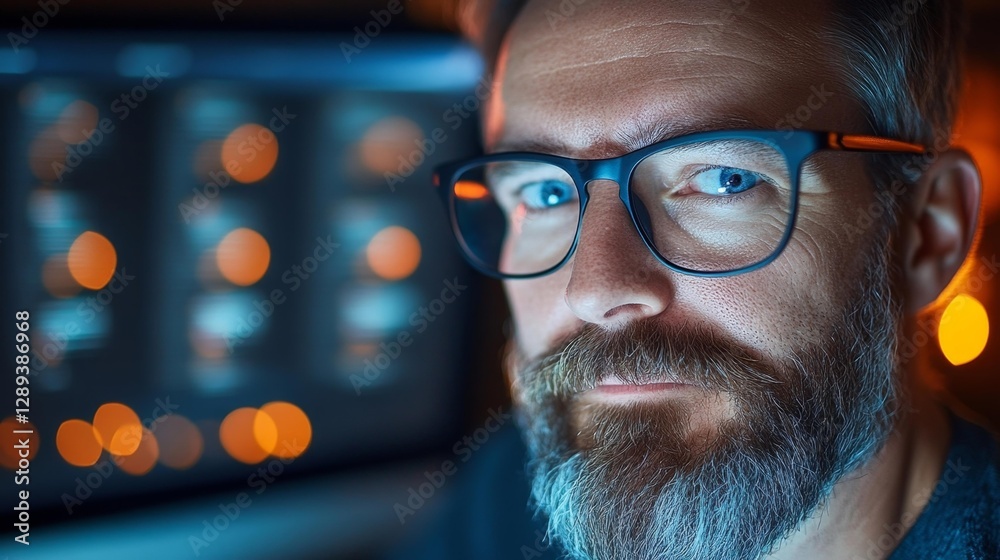 Close-up of a man with glasses working on a computer screen in a darkened room with a professional look. Generative AI Close-up of a man with glasses working on a computer screen in a darkened room with a professional look. Generative AI
