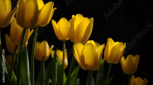 Vibrant yellow tulips illuminated against a dark background, showcasing their beauty
