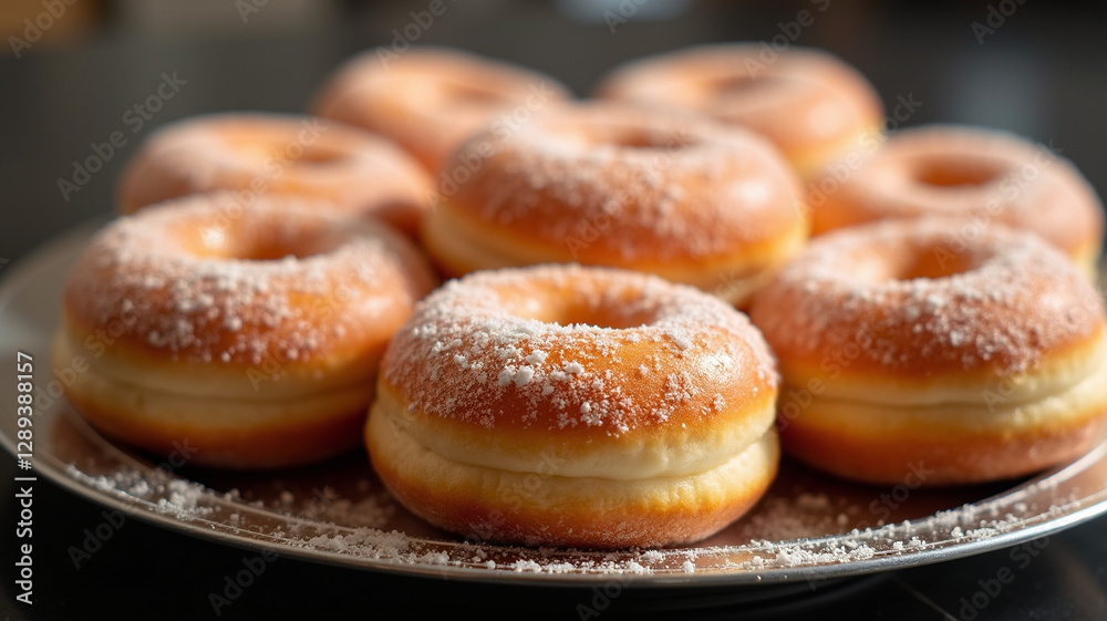 Round, fluffy doughnuts covered in sparkling sugar crystals on a silver platter Round, fluffy doughnuts covered in sparkling sugar crystals on a silver platter