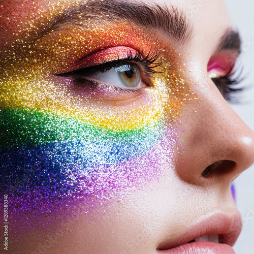 Close-up of rainbow-colored makeup and glitter on a person's face, representing LGBTQ+ pride, isolated white background, cinematic 8K hyper-realism  photo
