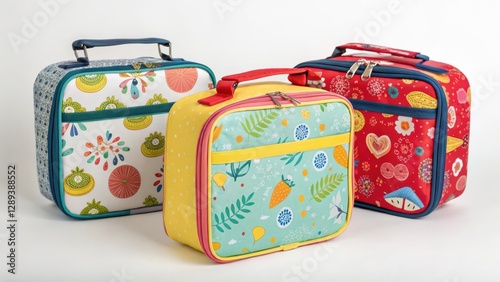 Three patterned lunchboxes on white background