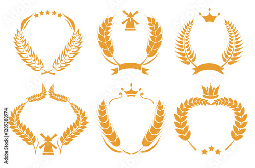 Wheat grains logo. Cereal frames. Ready made elements for design. Farm products labels. Decorative barley ears. Farming emblems with crowns and stars. Bakery logotype. Splendid vector set