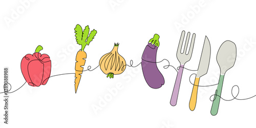 Minimalist Continuous Line Drawing of Vegetables and Cutlery