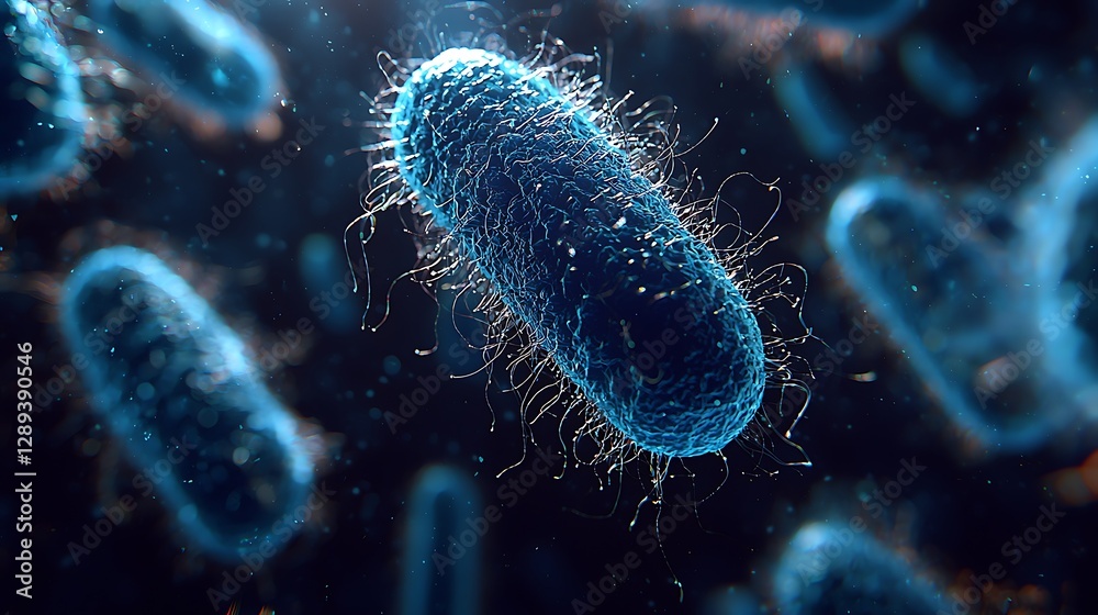 Close-up rendering of microscopic blue bacteria cells against a dark, blurred background Close-up rendering of microscopic blue bacteria cells against a dark, blurred background