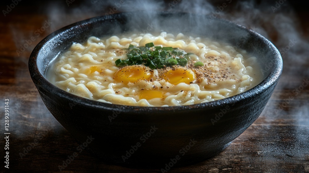 Steaming noodle soup, dark bowl, wood table, kitchen setting, food photography Steaming noodle soup, dark bowl, wood table, kitchen setting, food photography