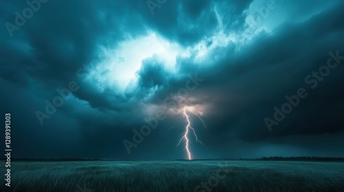 This powerful image showcases a dramatic sky filled with thunderous clouds and striking lightning, conveying nature's immense energy and awe in a vast landscape. photo