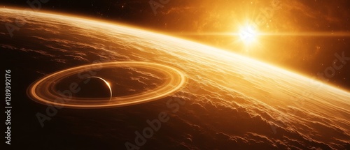 A majestic celestial scene with a glowing planet and its rings, bathed in the warm light of a nearby sun, demarcating cosmic grandeur. photo