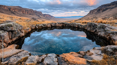 Mountain spring reflection, sunset canyon view, travel postcard