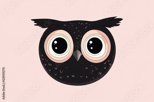 Cute stylized black owl with oversized round eyes on a soft pastel pink background, modern and minimalist design photo