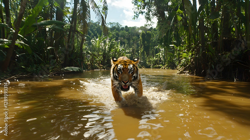 Tiger wading through jungle river, approaching camera, lush foliage background, wildlife documentary